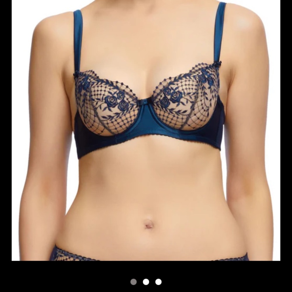 Near New Dita von Teese Julies Roses Underwire Bra 36E shiny navy blue